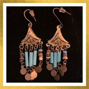 3/$20 Hand Crafted BEADED Dangle HANDMADE Blue & Gold EARRINGS